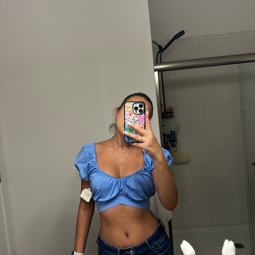 Altar'd State Sky Blue Puff Sleeve Crop Top